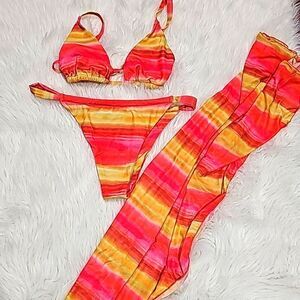 Striped Pink & Yellow Women's Bikini Set with Sarong